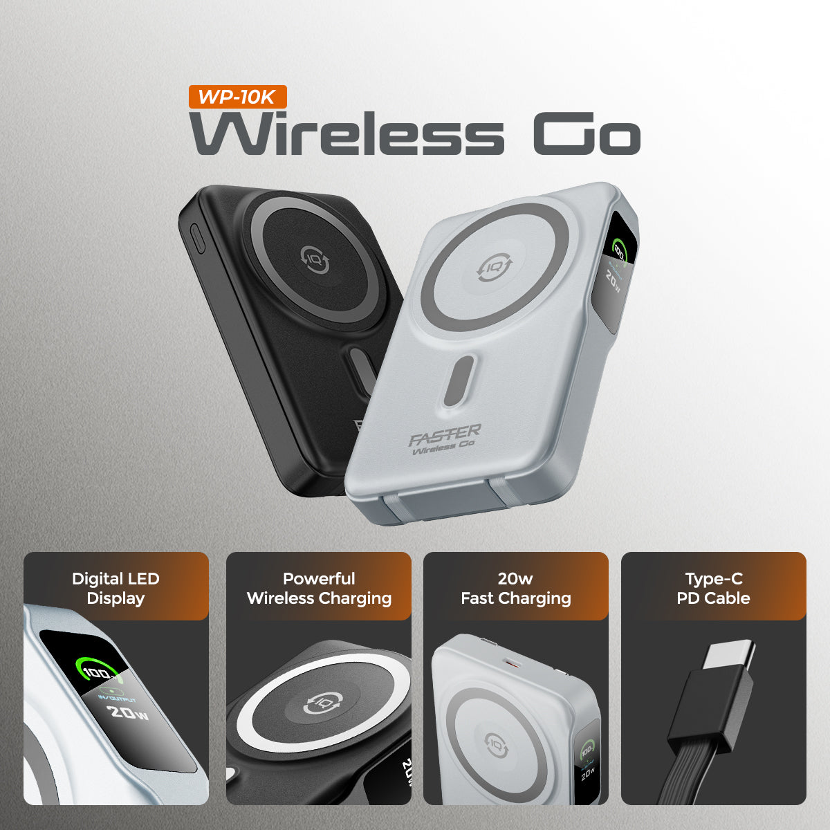 Faster WP 10K Power Bank- 10000mAh Powerbank Built-in Cables